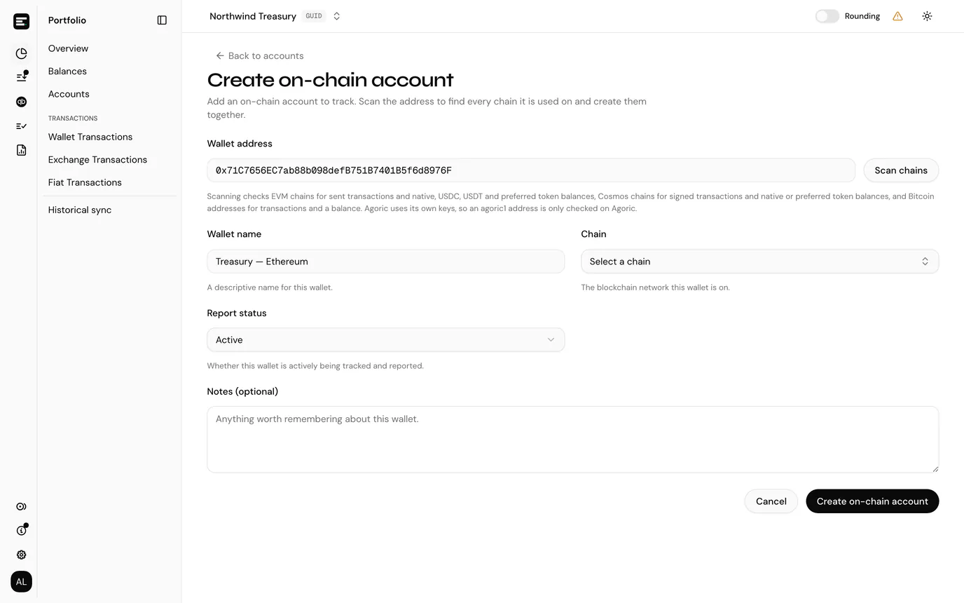 The create on-chain account page