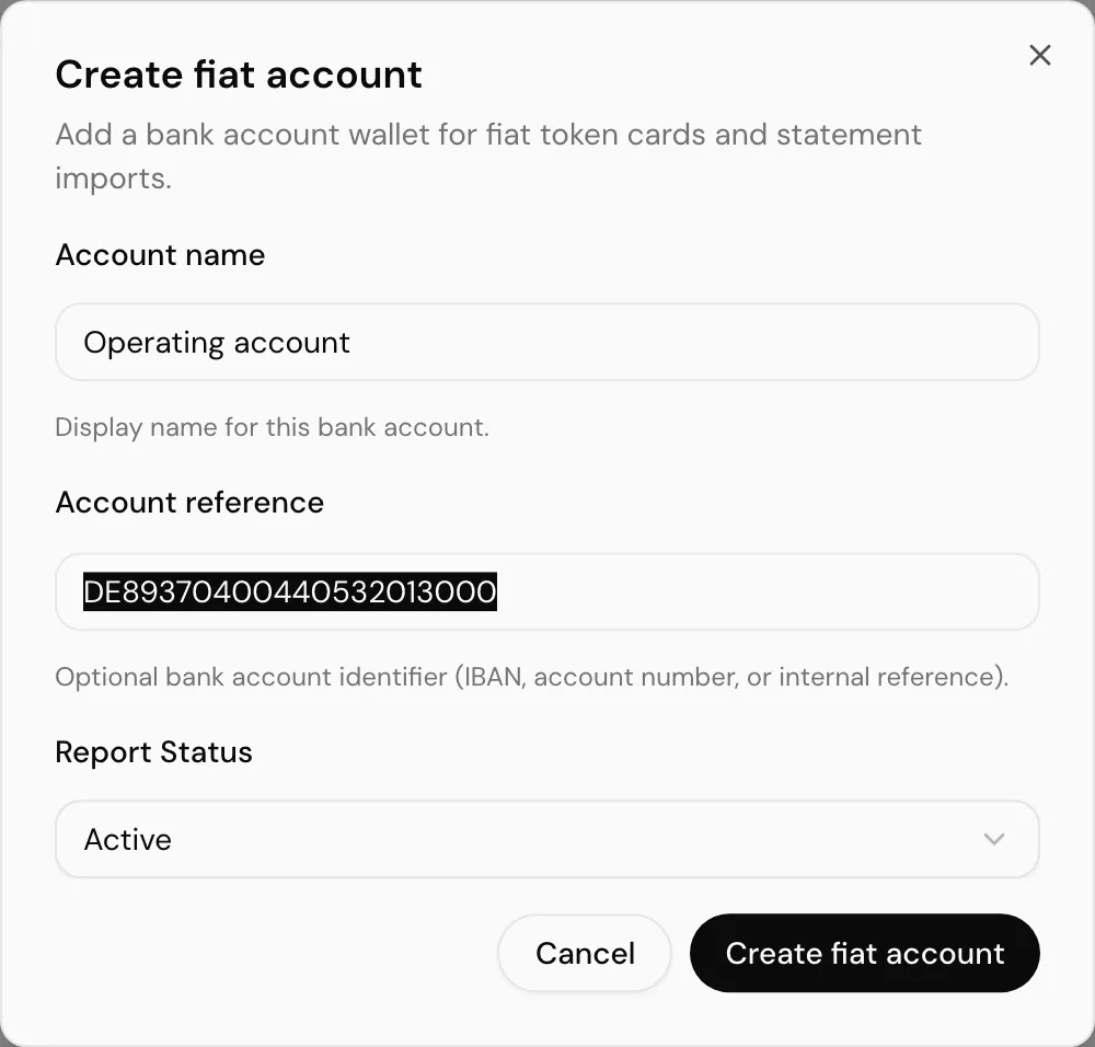 The create fiat account dialog