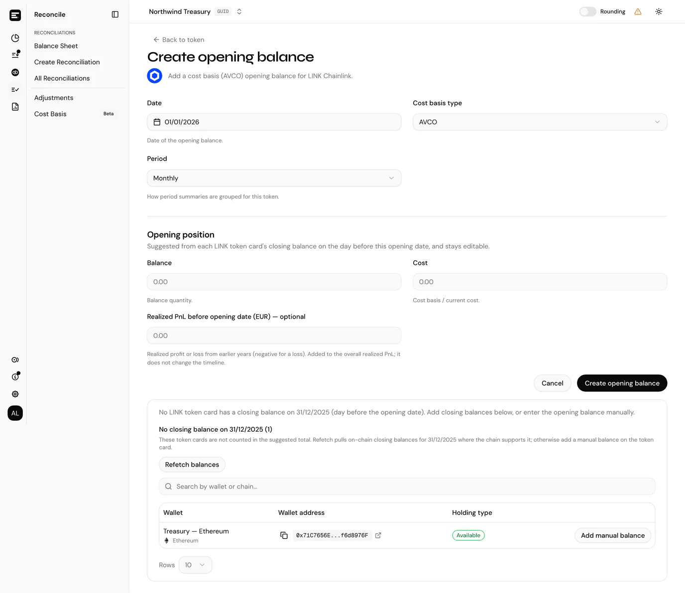 The cost basis opening balance form