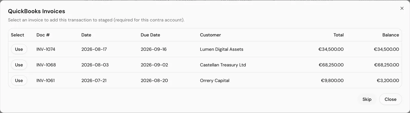 Choosing the QuickBooks document to settle