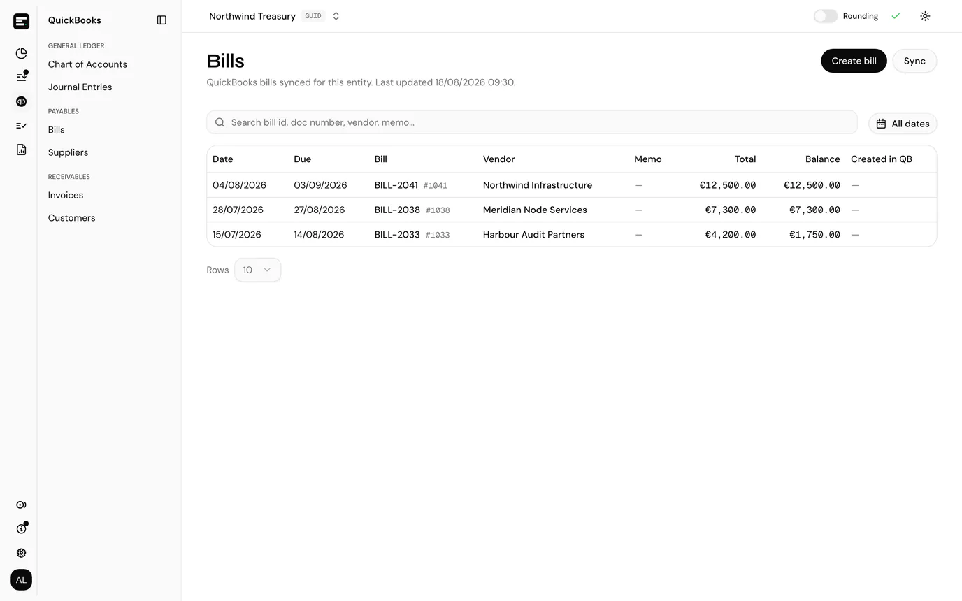 Cached QuickBooks bills for the entity