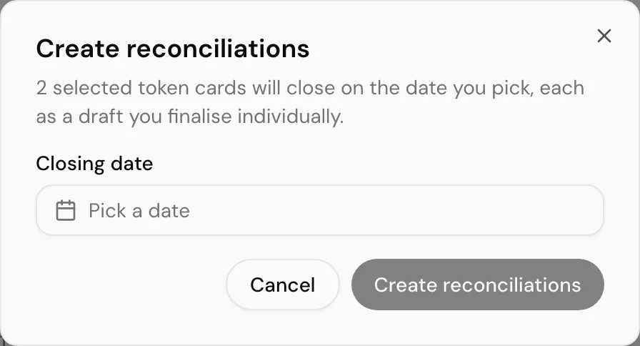 Choosing the closing date for the selected token cards