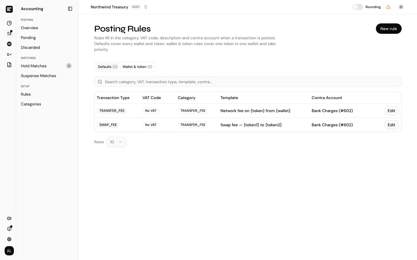 Posting rules, split into defaults and wallet & token rules