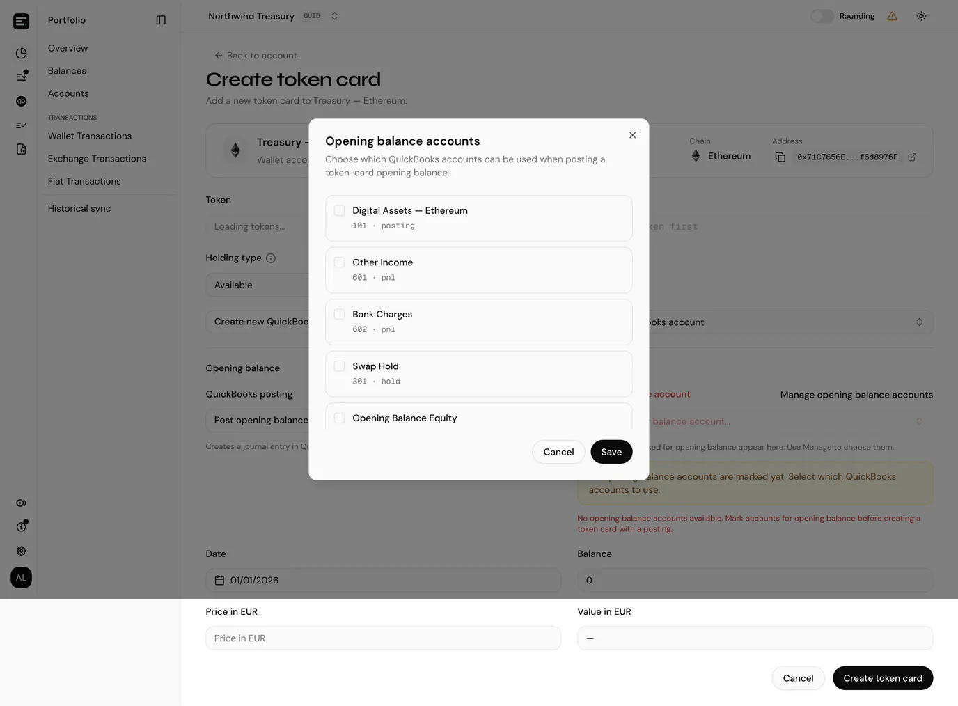 The create token card form