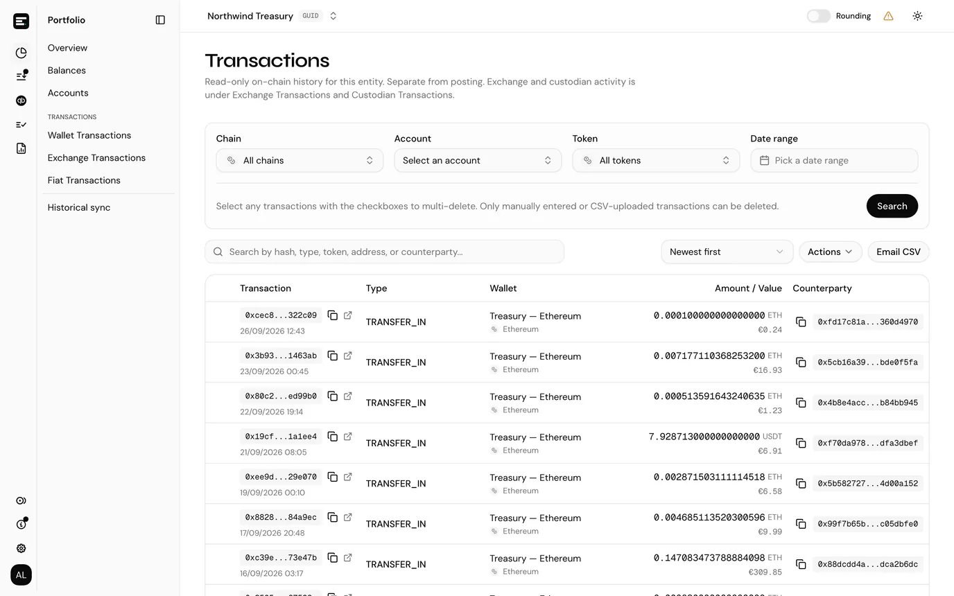 The transactions list
